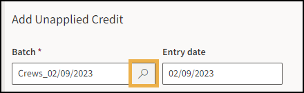 Add unapplied credit section with yellow highlight box around the Batch Search icon.